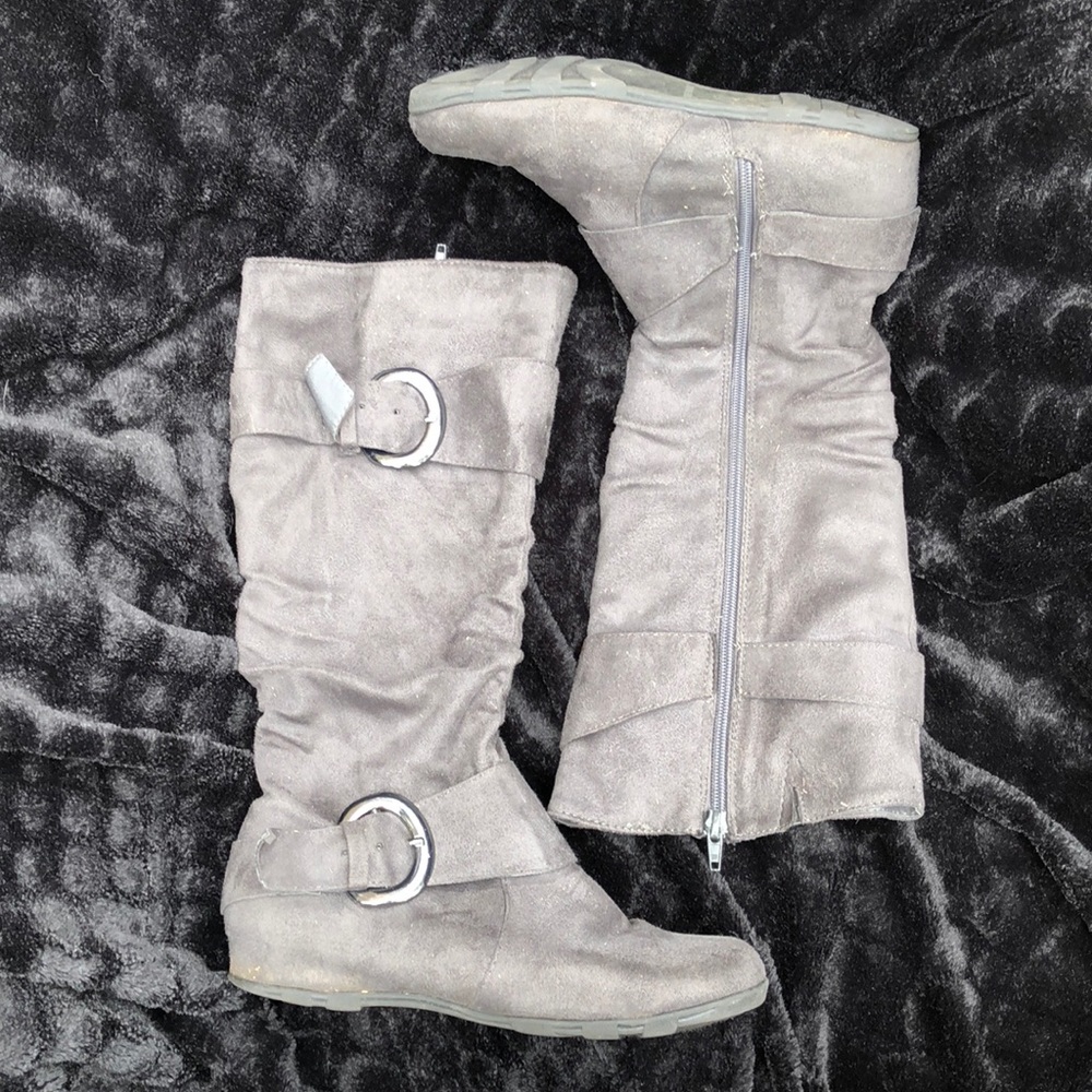 Gray double strap and buckle, soft suede like boot